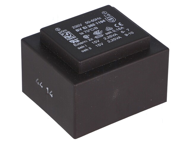 Transformator: ingegoten; 4,5VA; 230VAC; 15V; 15V; 150mA; 150mA; PCB Transformator: ingegoten; 4,5VA; 230VAC; 15V; 15V; 150mA; 150mA; PCB